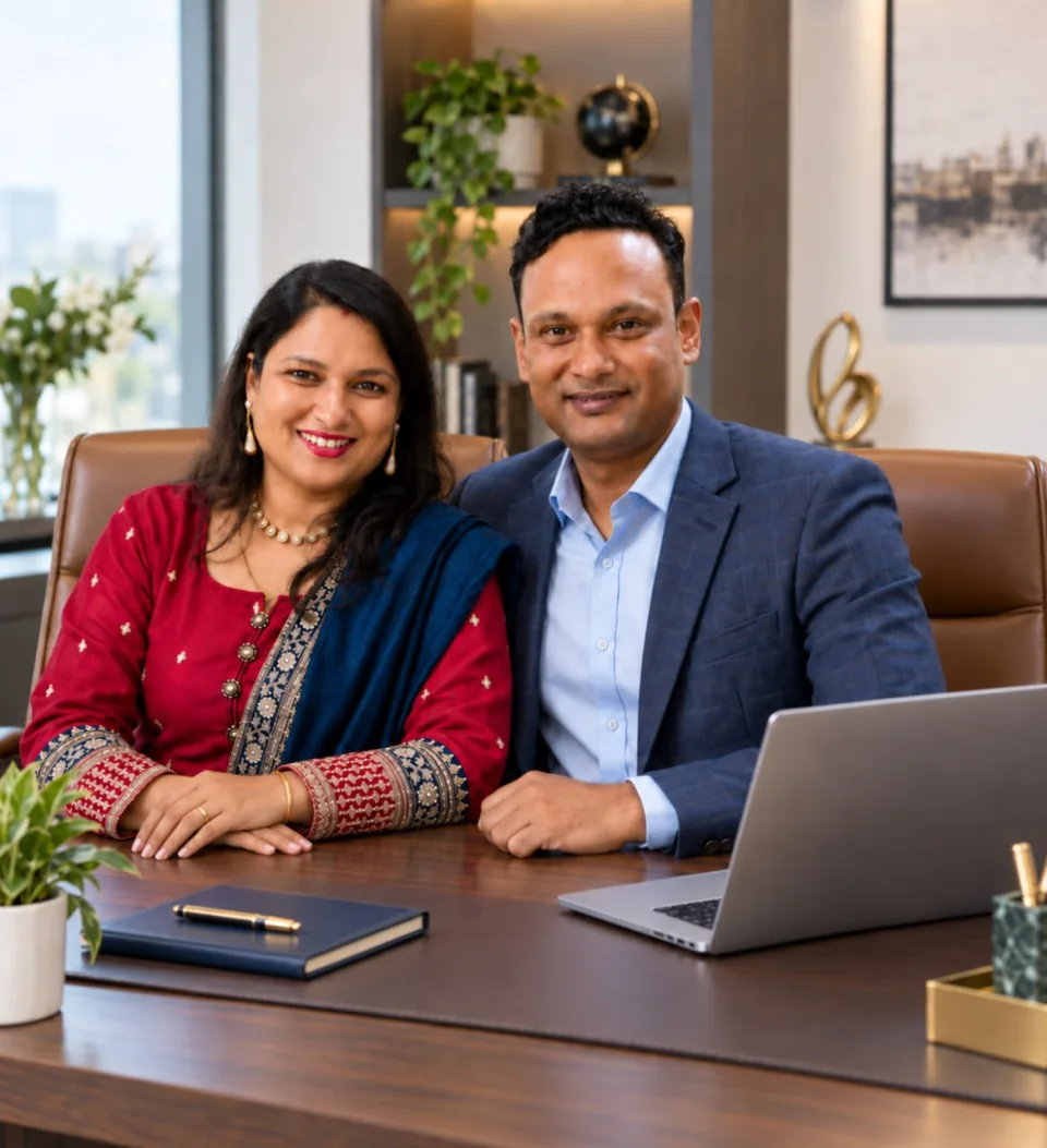 Madhupriya Bilas and Bikash Ranjan Bilas, founders of Team Eagles, seated together at an office desk.